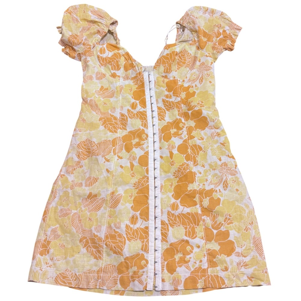 Urban Outfitters Yellow Floral Coquette Corset Retro Mini Dress Hook Eye Front S